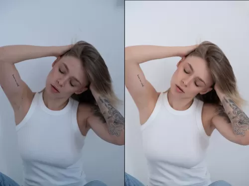 Сравнение ретуши портрета девушки в белой майке до и после профессиональной обработки